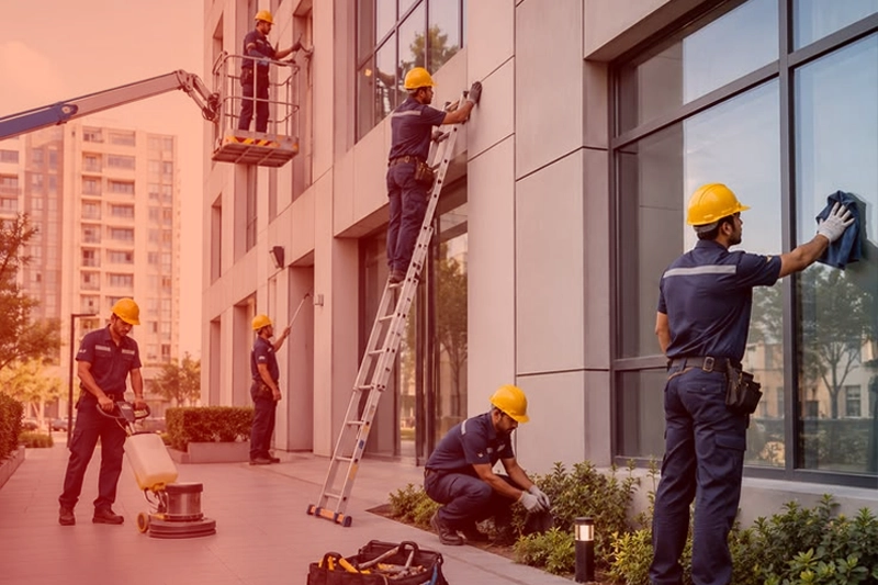 Building maintenance technicians working on a facade