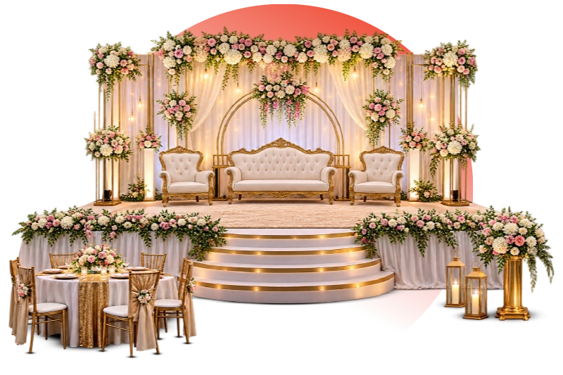 Event setup with lighting and décor for a celebration