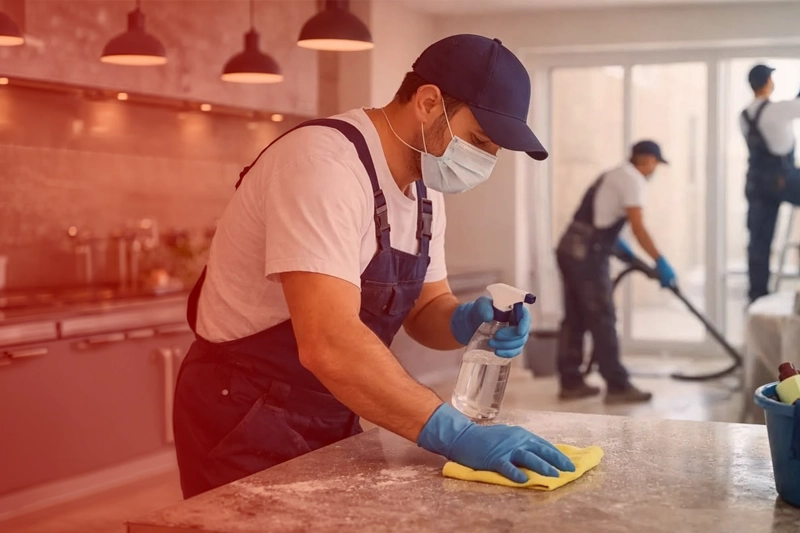 Housekeeping staff cleaning a window