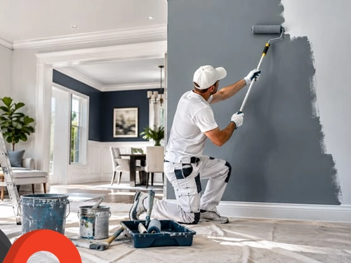 Painter rolling paint on a wall