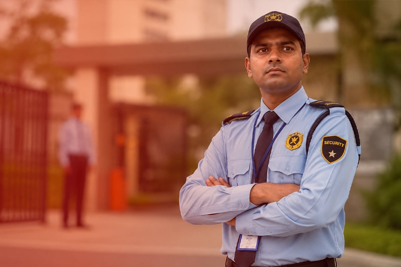 Security guard on duty in a building lobby